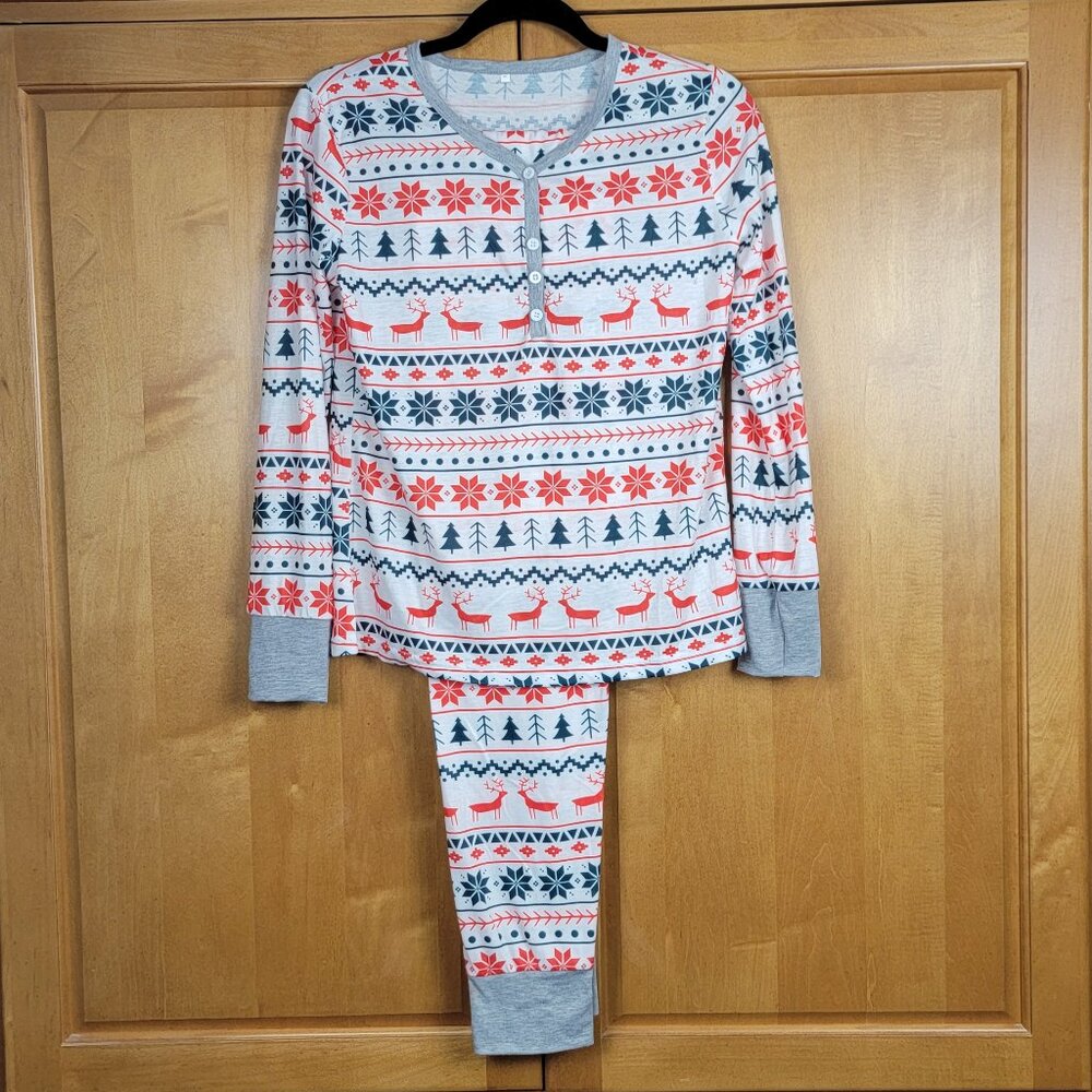 Women's 2 Pc Holiday Henley Pajama Sleep Jogger Set Reindeer Tree Star - M